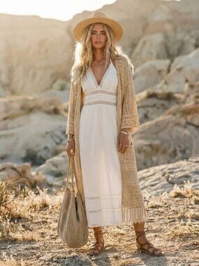 Beige Sundance Tassels Crochet Beach Boho Open Front Long Line Cardigan Sweater
